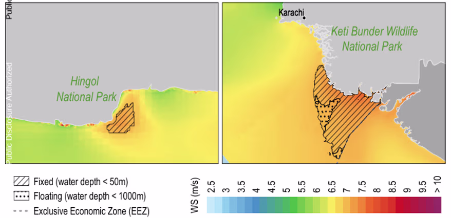 Site indicated by World Bank and ESMAP for offshore wind potential near Keti Bunder
